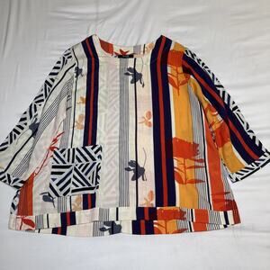Lior Paris Cotton Linen Blend Blouse Artsy Geometric Print Womens M Flowy EUC